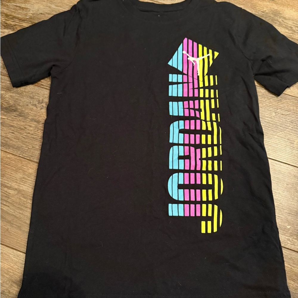 Jordan Black and Pink Short Sleeve Tee with Vibrant Design/ boys large